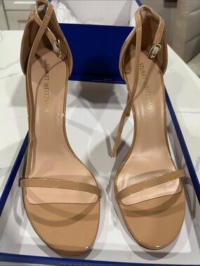 Stuart Weitzman Patent Leather Beige Ankle-Strap Heels